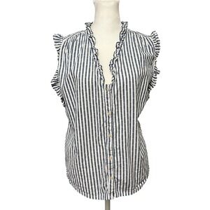 Womens Striped Ruffle Blouse Sleeveless Button Front Coastal Grandma‎ Preppy Top